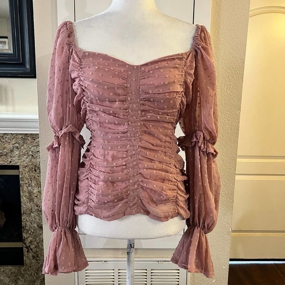 NWT Nasty Gal Plus Ruched Mesh Puff Sleeve Top Victorian Cottagecore Pink Sz 16 - Picture 5 of 9